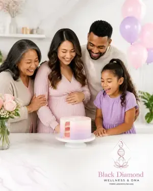 Family gathered around a celebration cake