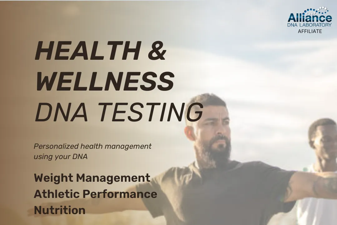 Health and wellness DNA testing graphic featuring personalized health management, weight management, athletic performance, and nutrition