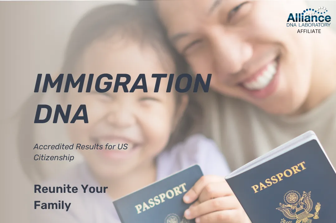 Immigration DNA graphic showing a mother and child with passports