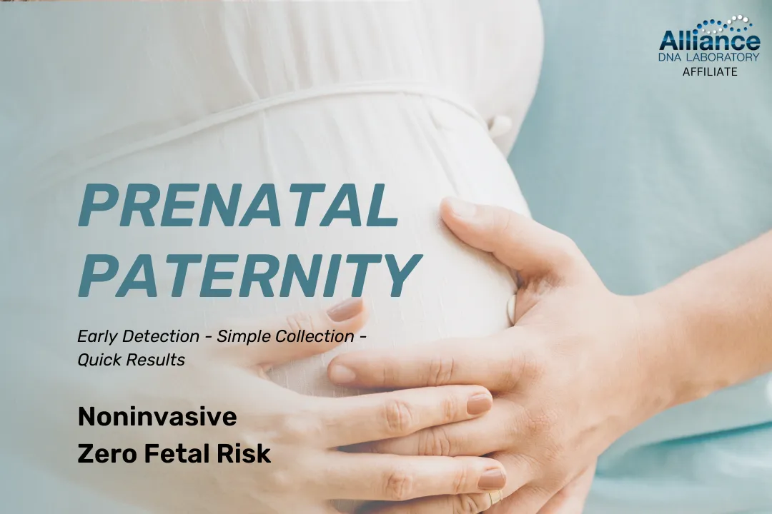 Prenatal paternity graphic showing hands resting on a pregnant belly