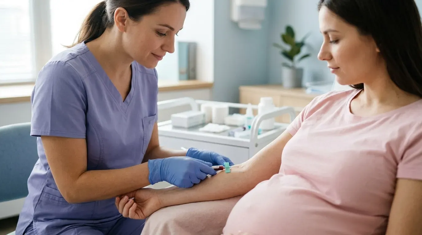 Phlebotomist drawing blood from a pregnant client in a calm care setting